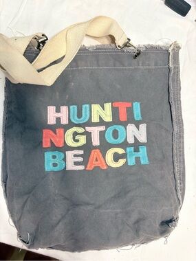 Canvas Huntington Beach Tote Bag in Charcoal with Multicolor Letters